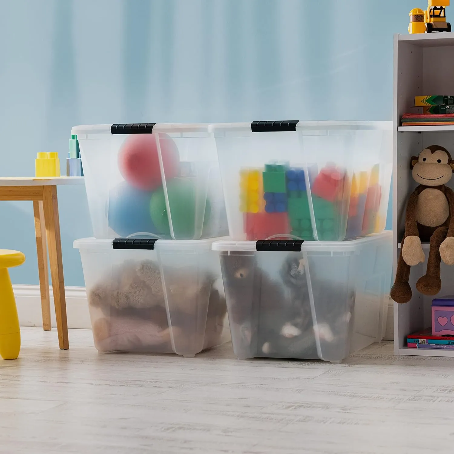 IRIS USA 54 Qt Stackable Plastic Storage Bins with Lids, 4 Pack - BPA-Free, Made in USA - See-Through Organizing Solution, Latches, Durable Nestable Containers, Secure Pull Handle - Clear