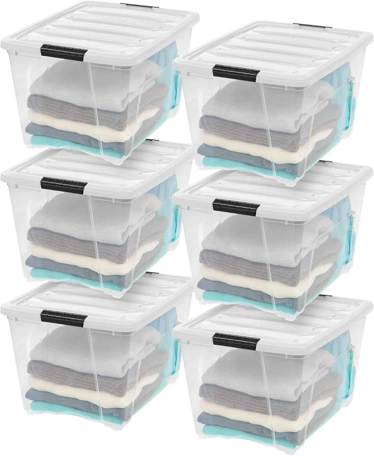 IRIS USA 54 Qt Stackable Plastic Storage Bins with Lids, 6 Pack - BPA-Free, Made in USA - See-Through Organizing Solution, Latches, Durable Nestable Containers, Secure Pull Handle - Clear/White