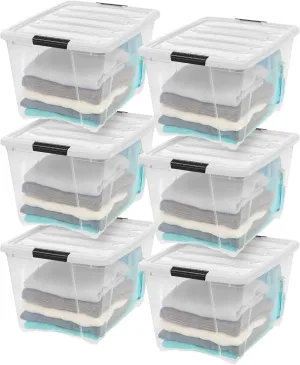 IRIS USA 54 Qt Stackable Plastic Storage Bins with Lids, 6 Pack - BPA-Free, Made in USA - See-Through Organizing Solution, Latches, Durable Nestable Containers, Secure Pull Handle - Clear/White
