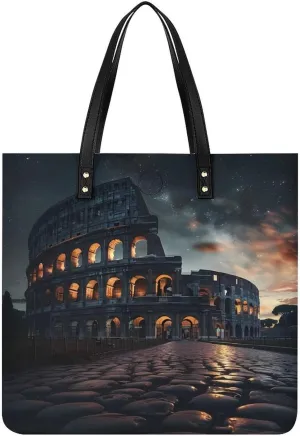 Italy Ancient Roman Landmarks Night Tote Bag for Women PU Leather Purses Handbags Shoulder Bag for Top Handle