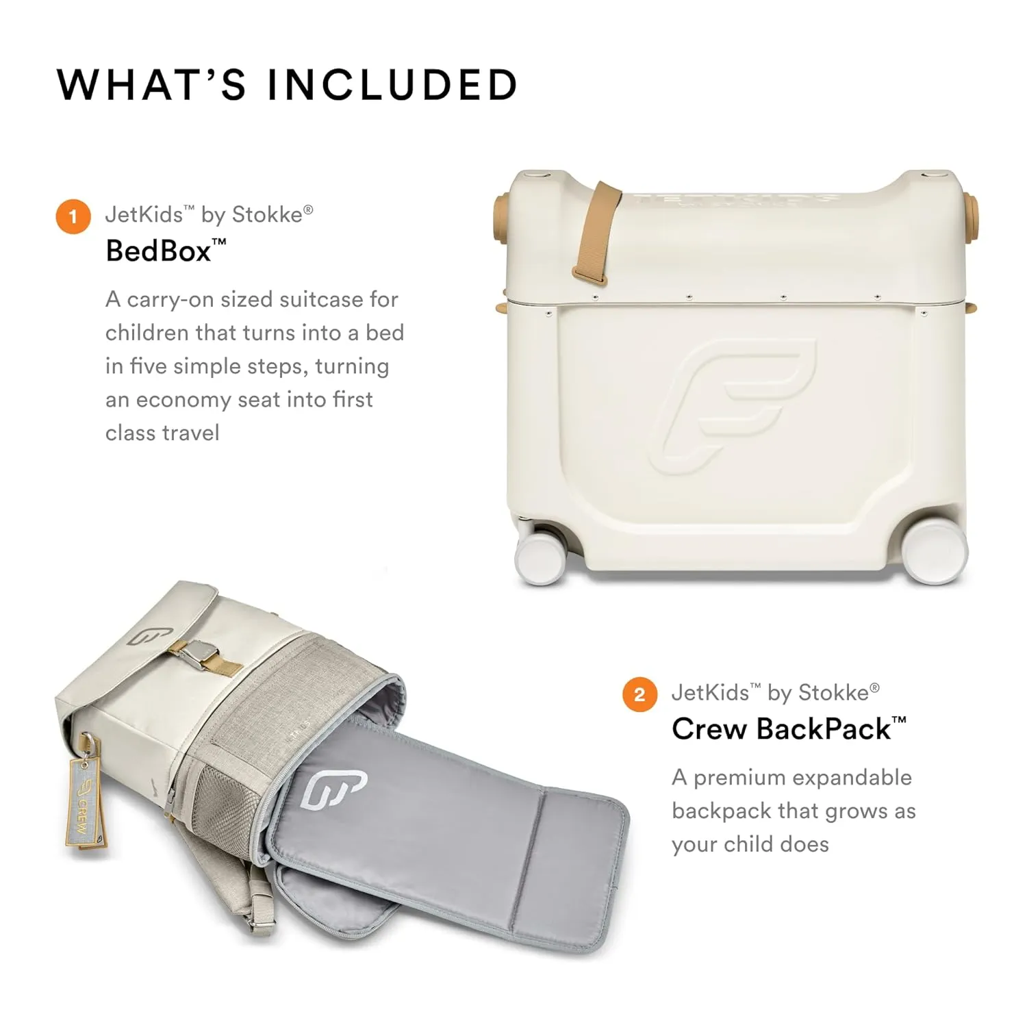 JetKids Stokke Travel Bundle, White - Includes BedBox Ride-On Suitcase & Backpack - Best for Kids 2-7 Years Old (Up to 77 lbs)