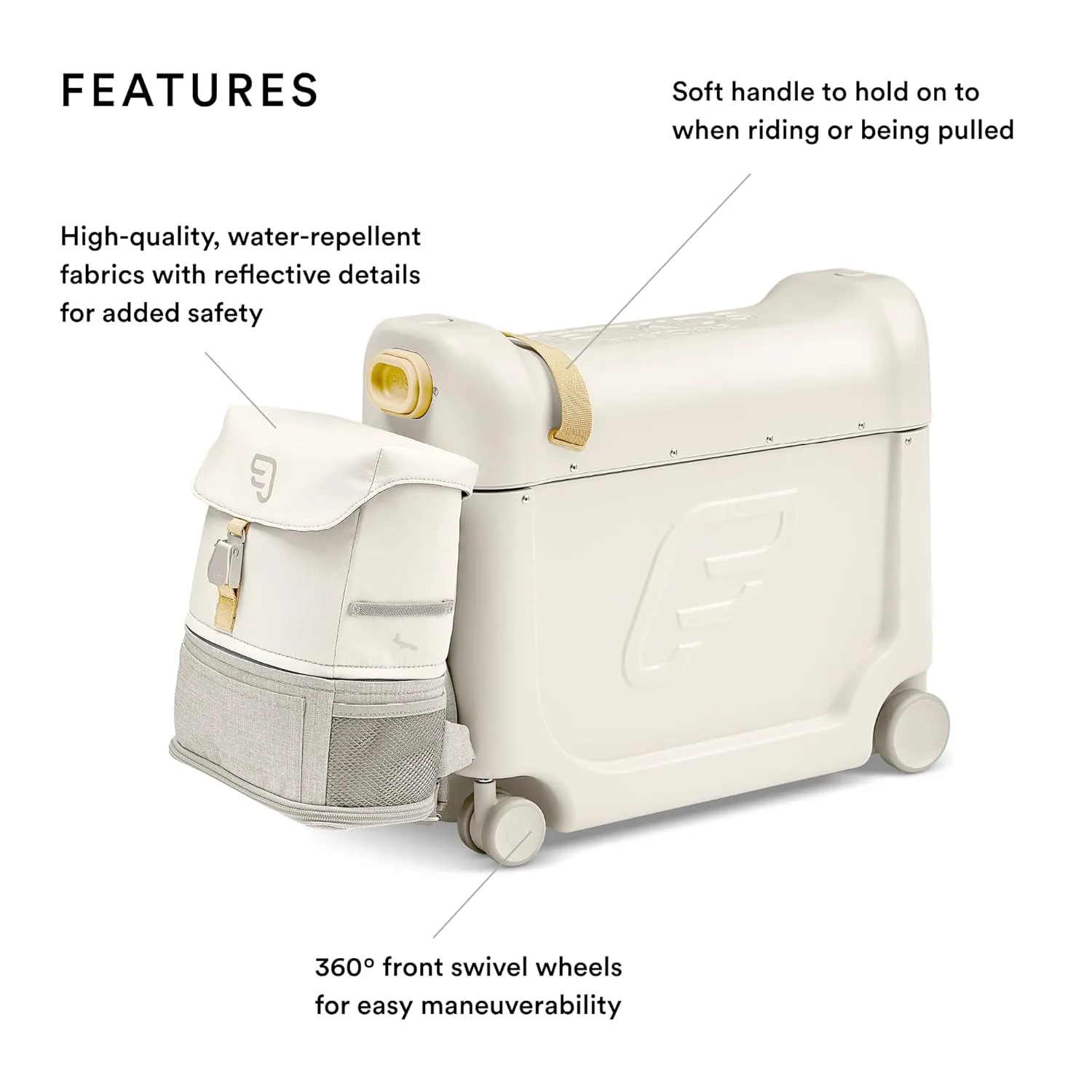 JetKids Stokke Travel Bundle, White - Includes BedBox Ride-On Suitcase & Backpack - Best for Kids 2-7 Years Old (Up to 77 lbs)