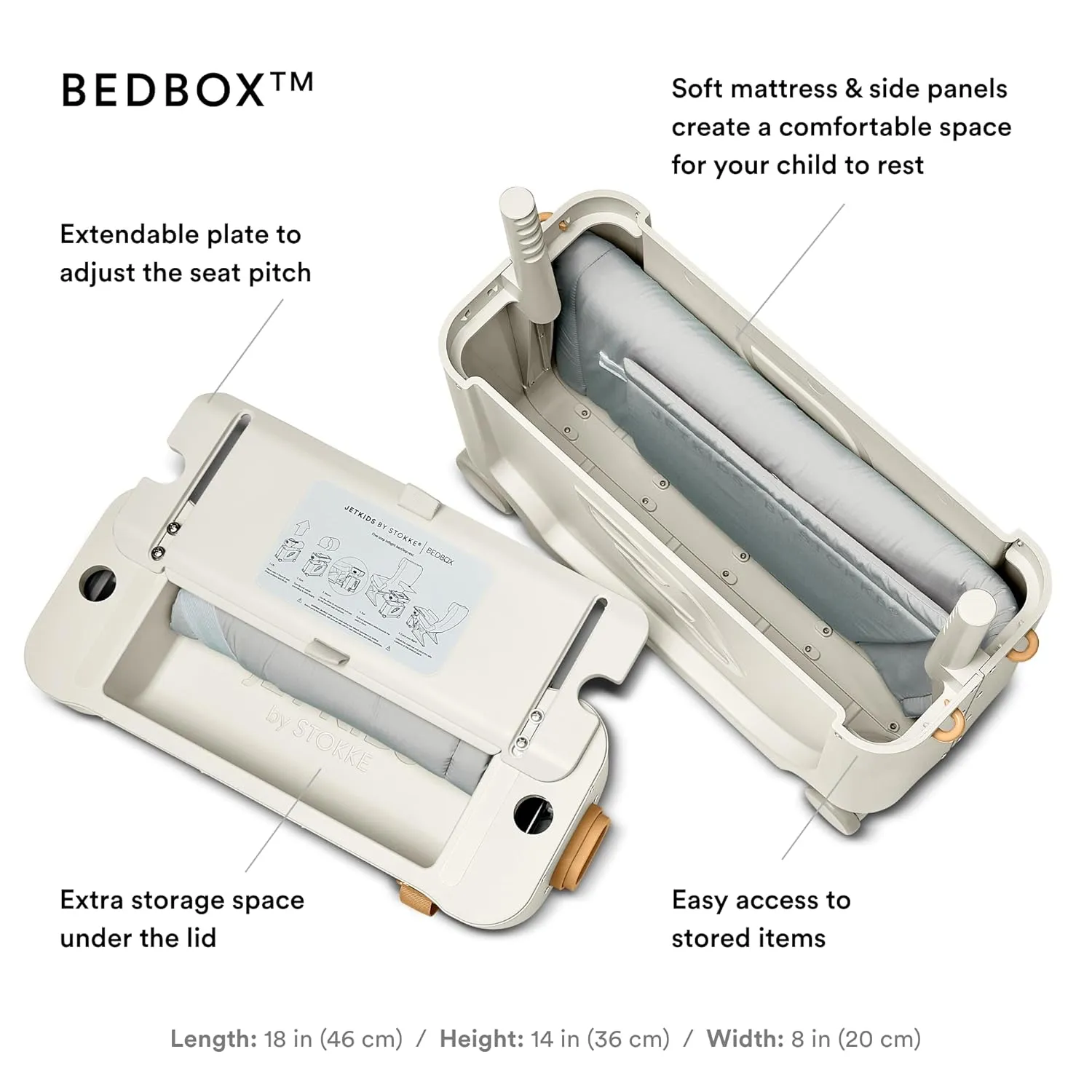 JetKids Stokke Travel Bundle, White - Includes BedBox Ride-On Suitcase & Backpack - Best for Kids 2-7 Years Old (Up to 77 lbs)