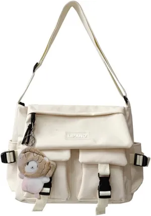 JQAliMOVV Nylon Messenger Bag Aesthetic Kawaii Bags with Doll Pendent Cute Japanese Messenger Bag for School