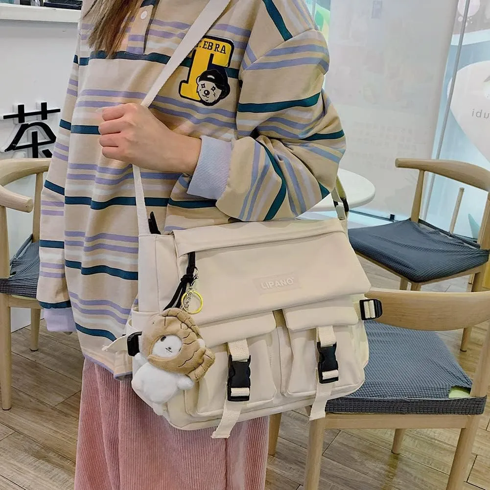 JQAliMOVV Nylon Messenger Bag Aesthetic Kawaii Bags with Doll Pendent Cute Japanese Messenger Bag for School
