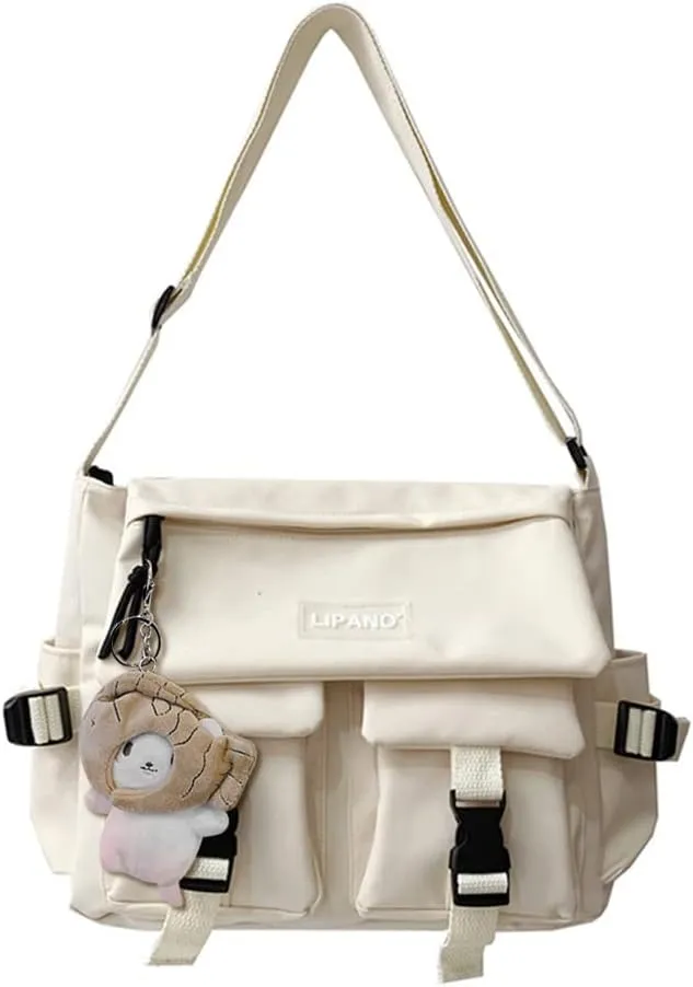 JQAliMOVV Nylon Messenger Bag Aesthetic Kawaii Bags with Doll Pendent Cute Japanese Messenger Bag for School