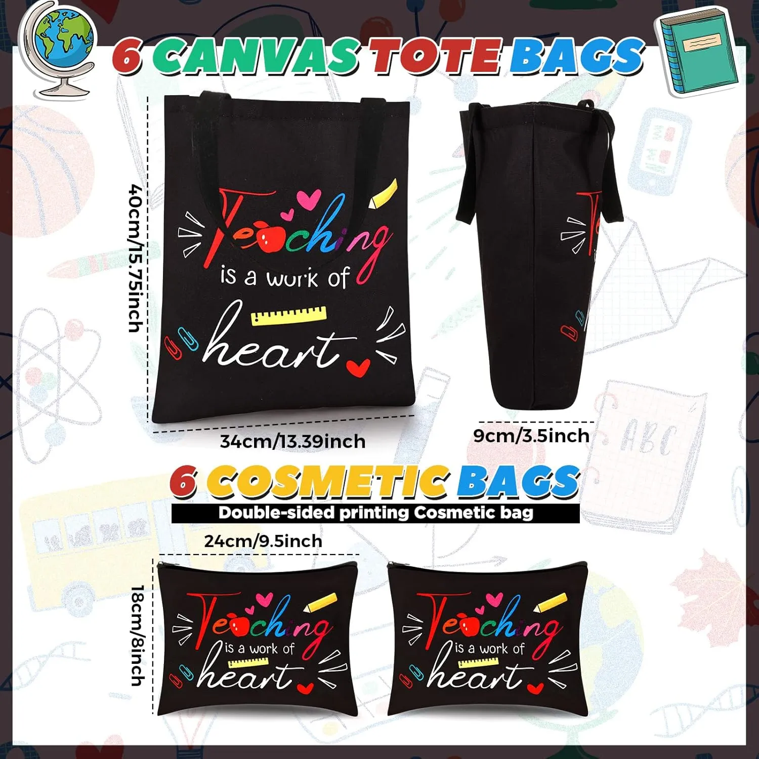 Kacctyen 12 Pcs Teacher Graduation Appreciation Gifts 6 Canvas Totes Bag 6 Makeup Pouch Cosmetic Bags Teacher Gifts(Teaching is a Work of Heart)