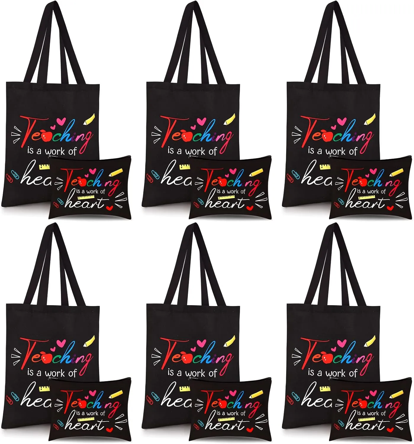 Kacctyen 12 Pcs Teacher Graduation Appreciation Gifts 6 Canvas Totes Bag 6 Makeup Pouch Cosmetic Bags Teacher Gifts(Teaching is a Work of Heart)