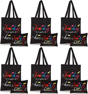Kacctyen 12 Pcs Teacher Graduation Appreciation Gifts 6 Canvas Totes Bag 6 Makeup Pouch Cosmetic Bags Teacher Gifts(Teaching is a Work of Heart)