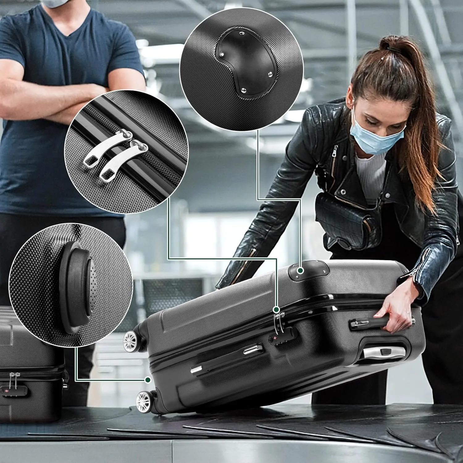 Karl home 3-Piece Luggage Set Travel Lightweight Suitcases with Rolling Wheels, TSA lock & Moulded Corner, Carry on Luggages for Business, Trip, Black (20"/24"/28")