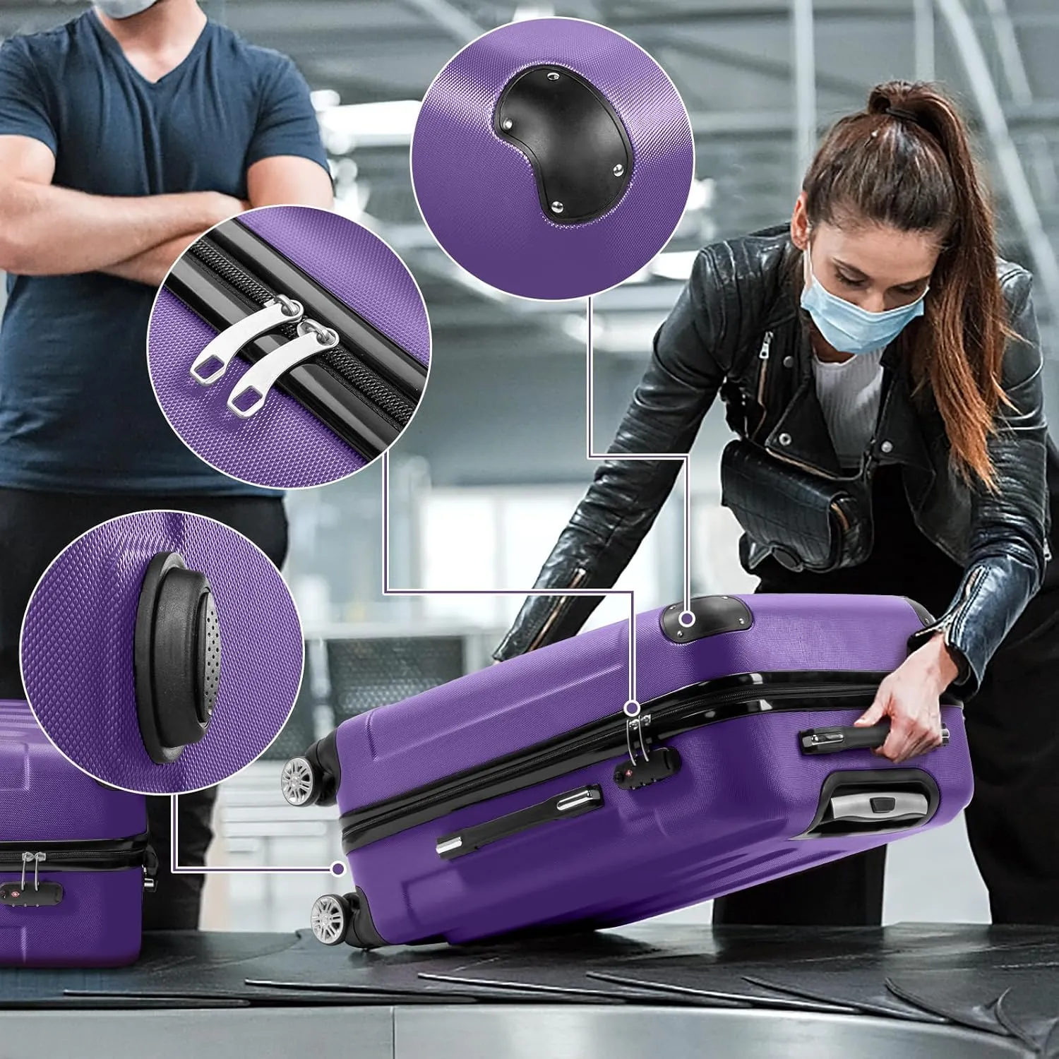 Karl home 3-Piece Luggage Set Travel Lightweight Suitcases with Rolling Wheels, TSA lock & Moulded Corner, Carry on Luggages for Business, Trip, Purple (20"/24"/28")