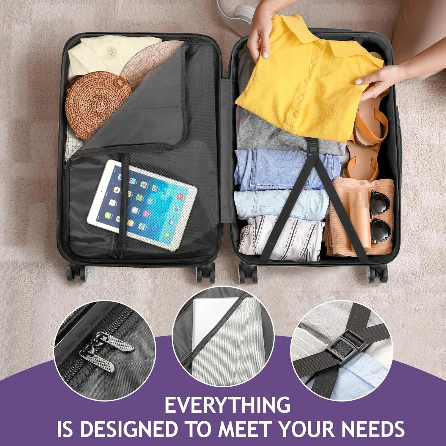 Karl home 3-Piece Luggage Set Travel Lightweight Suitcases with Rolling Wheels, TSA lock & Moulded Corner, Carry on Luggages for Business, Trip, Purple (20"/24"/28")