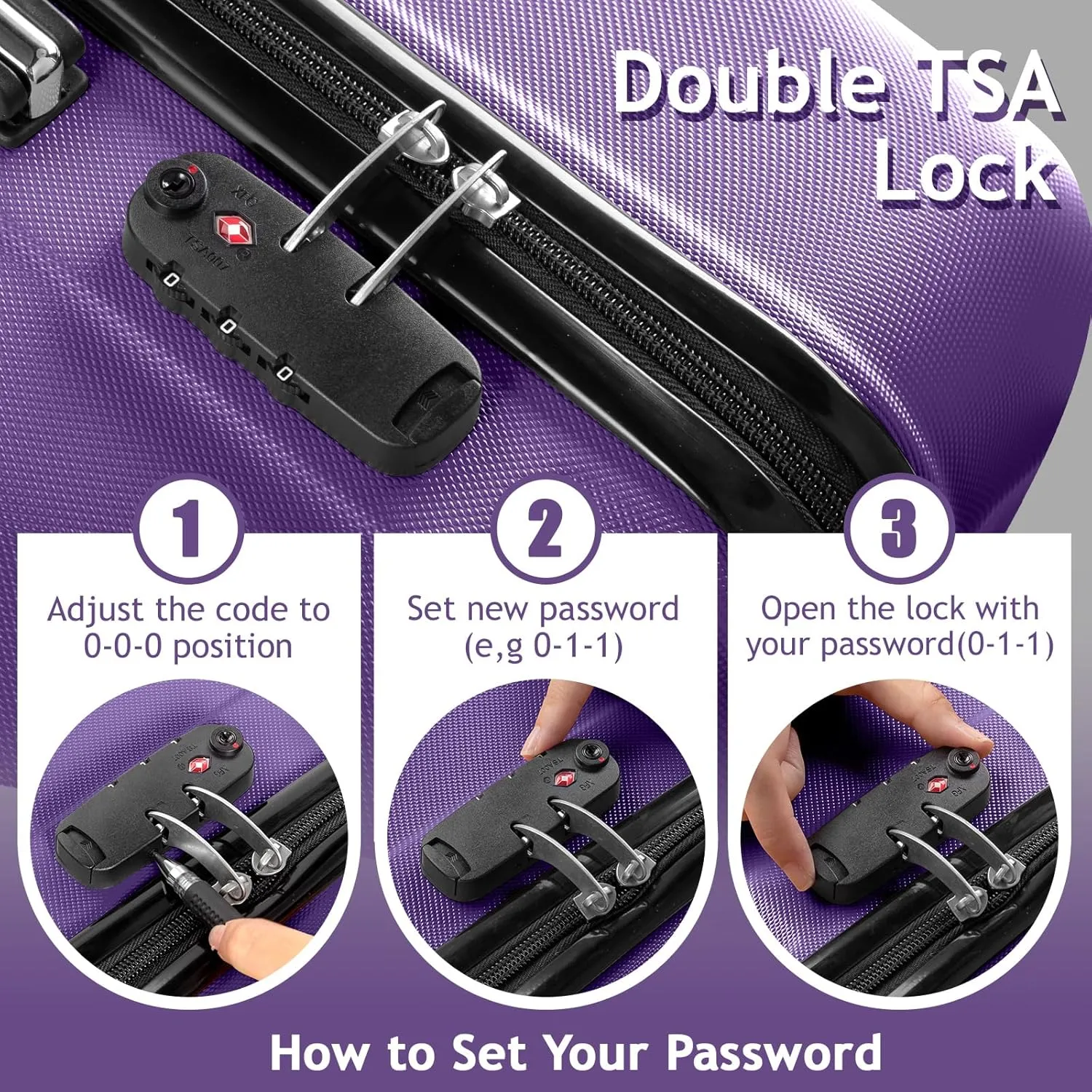 Karl home 3-Piece Luggage Set Travel Lightweight Suitcases with Rolling Wheels, TSA lock & Moulded Corner, Carry on Luggages for Business, Trip, Purple (20"/24"/28")