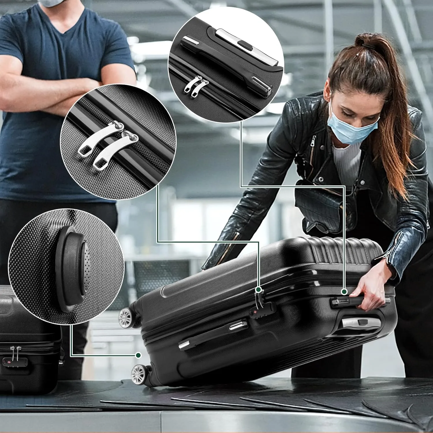 Karl home Luggage Set of 3 Hardside Carry on Suitcase Sets with Spinner Wheels & TSA lock, Portable Lightweight ABS Luggages for Travel, Business - Black(20/24/28)