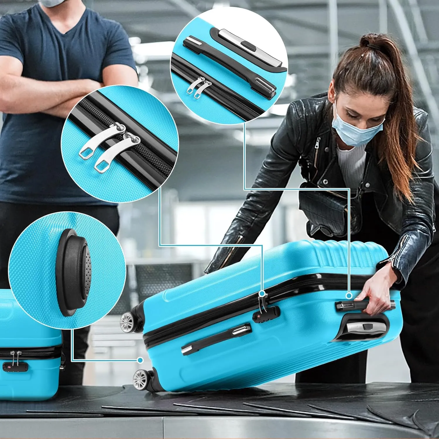 Karl home Luggage Set of 3 Hardside Carry on Suitcase Sets with Spinner Wheels & TSA lock, Portable Lightweight ABS Luggages for Travel, Business - Blue (20/24/28)