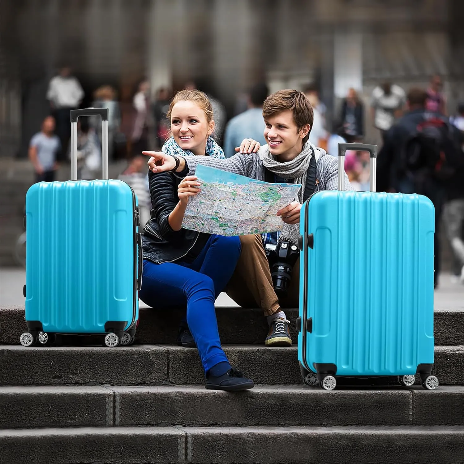 Karl home Luggage Set of 3 Hardside Carry on Suitcase Sets with Spinner Wheels & TSA lock, Portable Lightweight ABS Luggages for Travel, Business - Blue (20/24/28)
