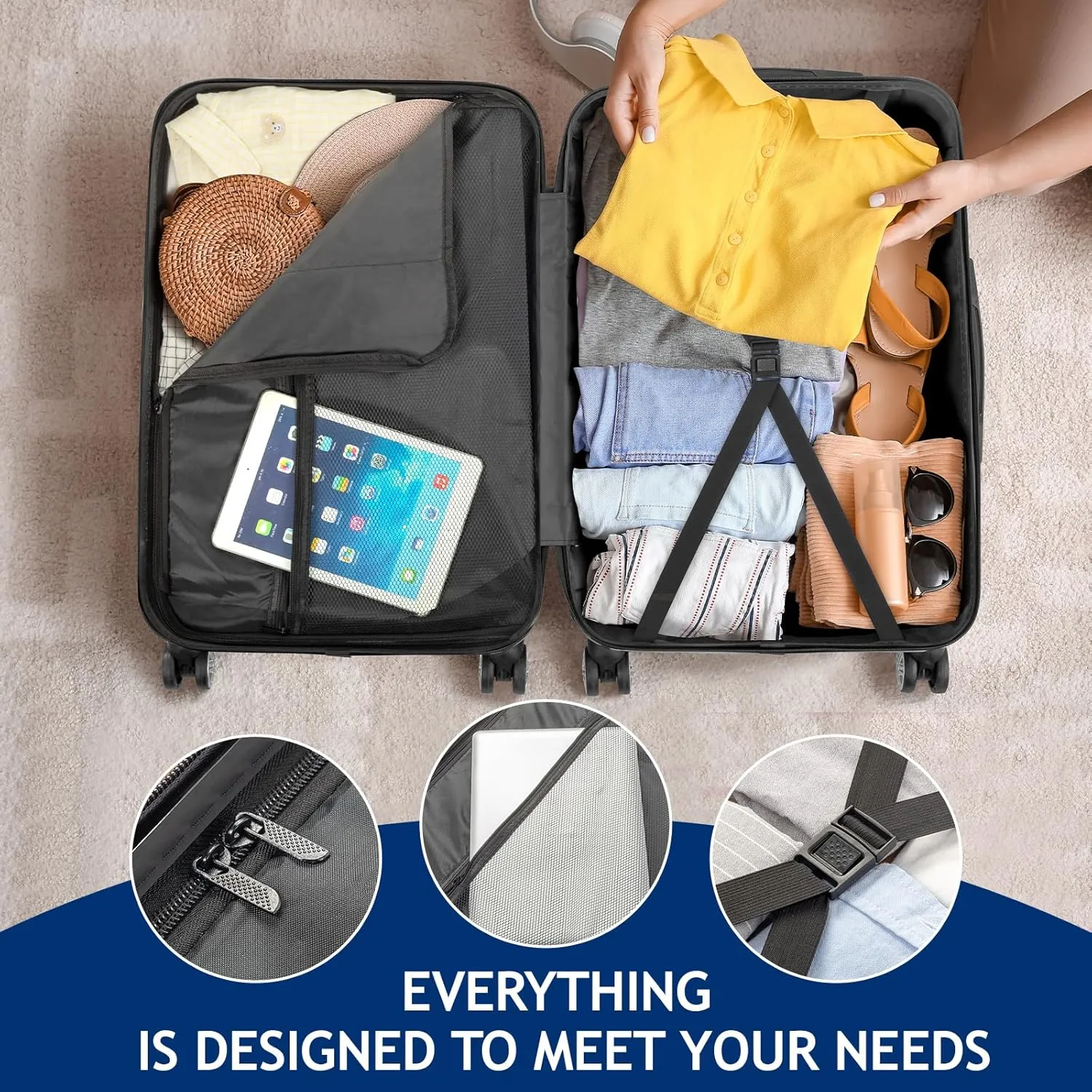 Karl home Luggage Set of 3 Hardside Carry on Suitcase Sets with Spinner Wheels & TSA lock, Portable Lightweight ABS Luggages for Travel, Business - Navy Blue (20/24/28)