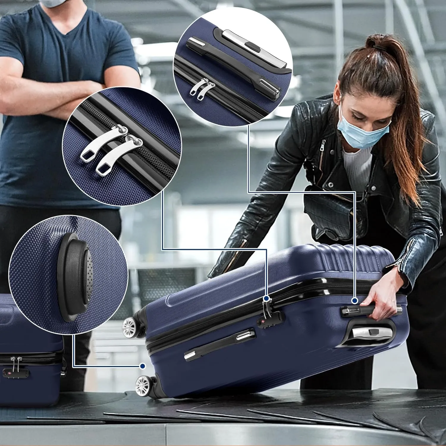 Karl home Luggage Set of 3 Hardside Carry on Suitcase Sets with Spinner Wheels & TSA lock, Portable Lightweight ABS Luggages for Travel, Business - Navy Blue (20/24/28)