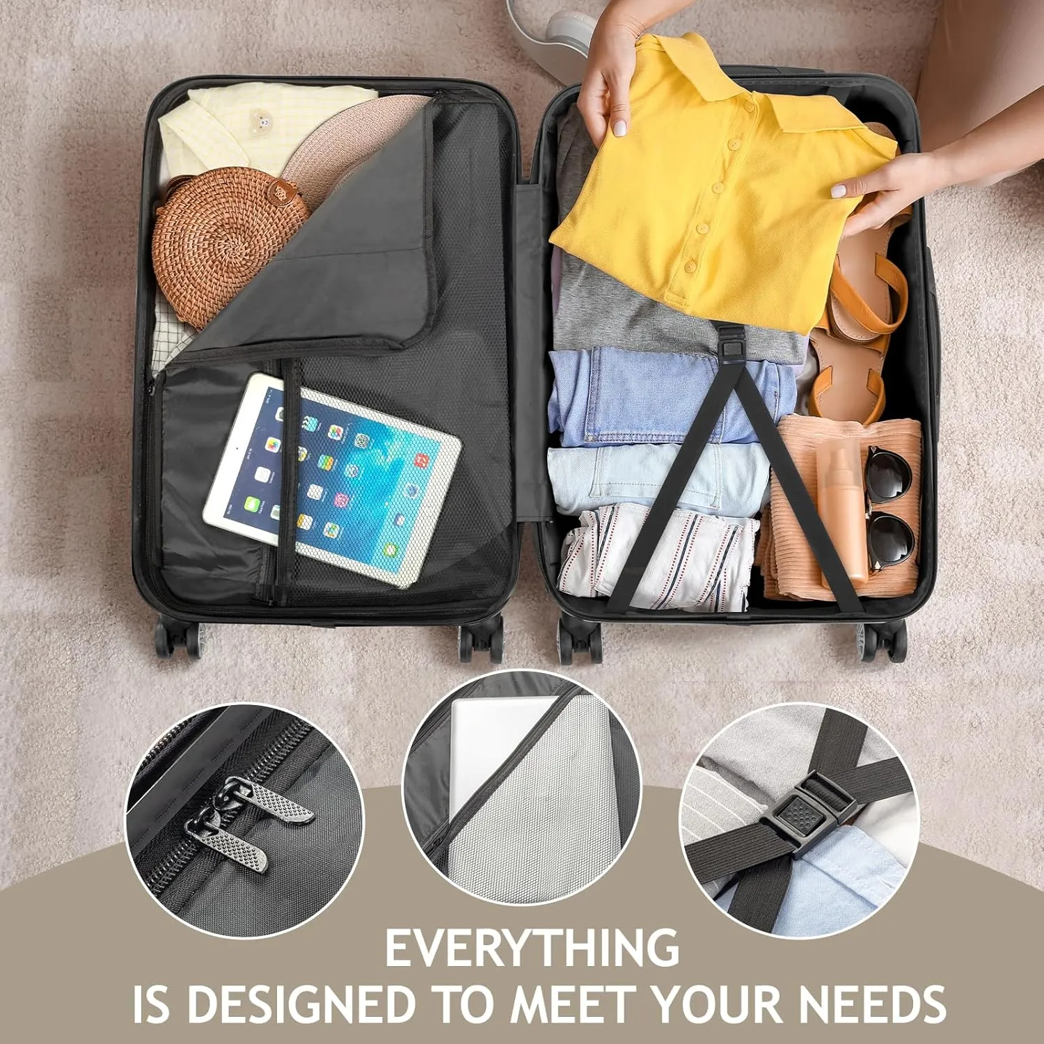 Karl home Luggage Sets 3 Piece, Hardside Carry on Suitcase Sets with Spinner Wheels & TSA lock, Portable Lightweight ABS Luggages for Travel, Business - Champagne, 20/24/28in