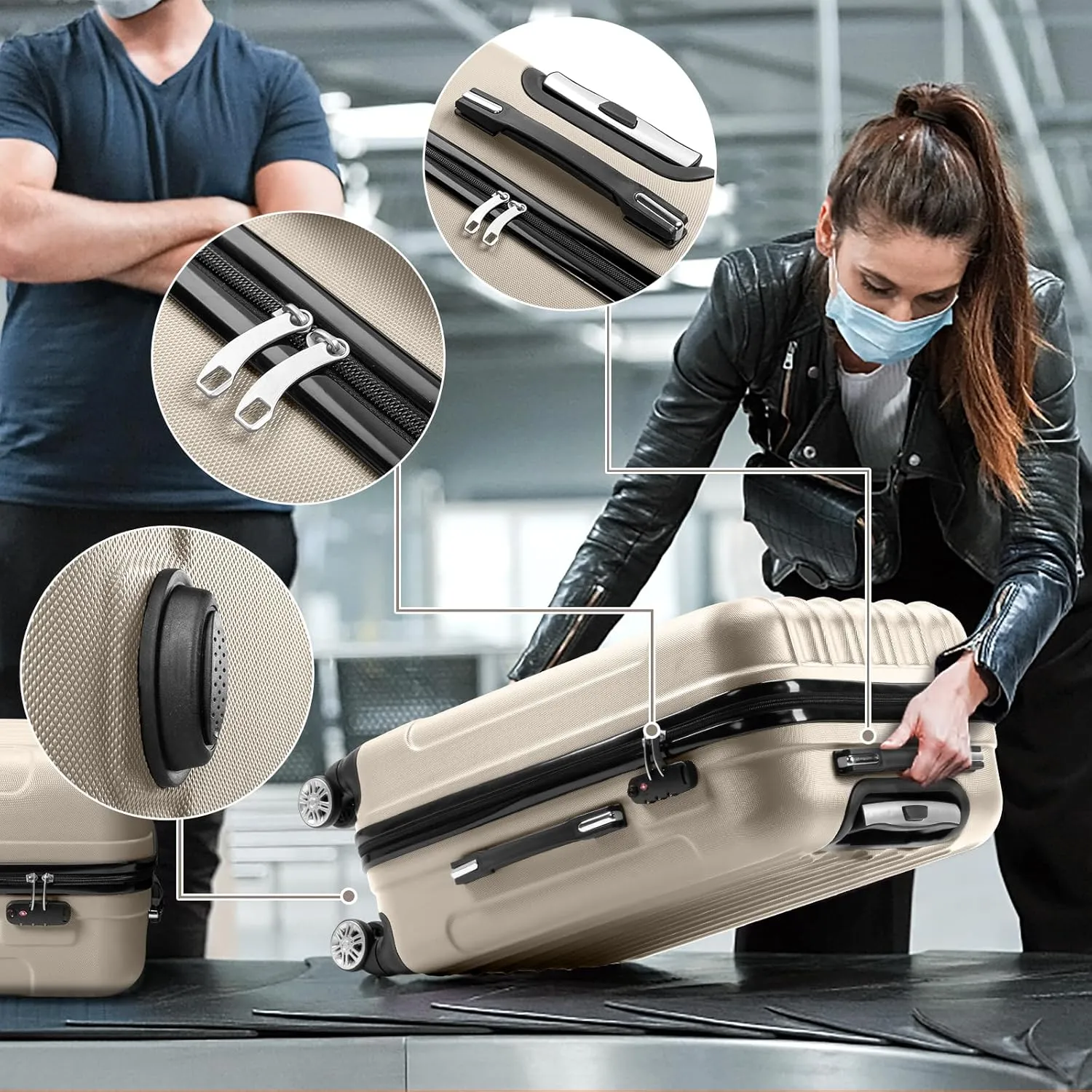 Karl home Luggage Sets 3 Piece, Hardside Carry on Suitcase Sets with Spinner Wheels & TSA lock, Portable Lightweight ABS Luggages for Travel, Business - Champagne, 20/24/28in