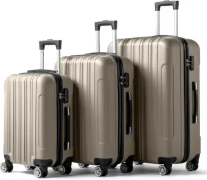 Karl home Luggage Sets 3 Piece, Hardside Carry on Suitcase Sets with Spinner Wheels & TSA lock, Portable Lightweight ABS Luggages for Travel, Business - Champagne, 20/24/28in
