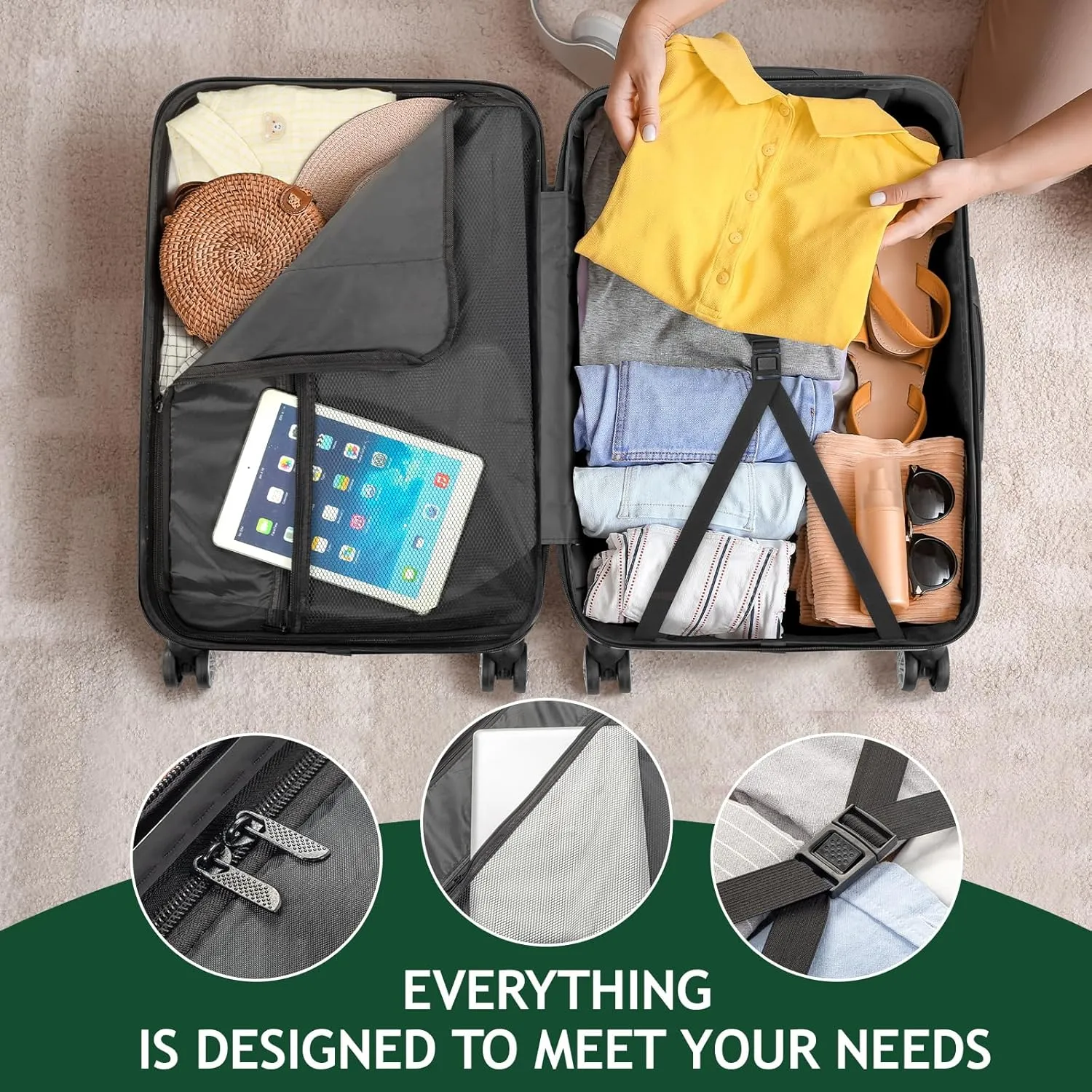 Karl home Luggage Sets 3 Piece, Hardside Carry on Suitcase Sets with Spinner Wheels & TSA lock, Portable Lightweight ABS Luggages for Travel, Business - Dark Grey, 20/24/28in