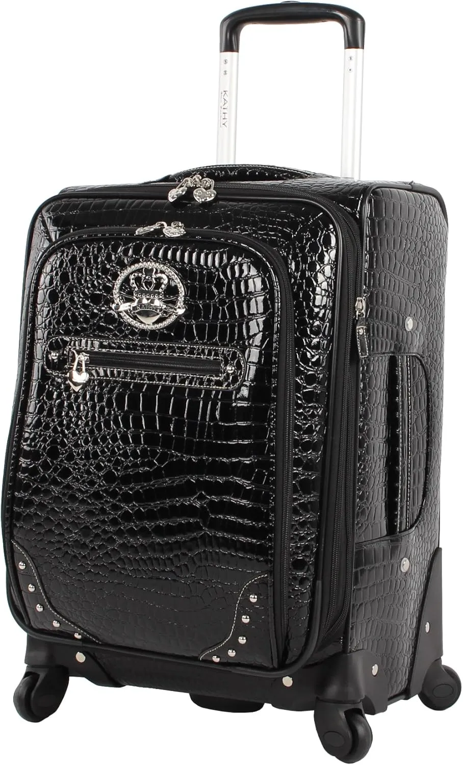 Kathy Van Zeeland Croco PVC Designer Luggage - Lightweight Expandable 20 Inch Carry on Suitcase for Women - Small Durable Bag with 4-Rolling Spinner Wheels (Black)