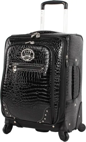 Kathy Van Zeeland Croco PVC Designer Luggage - Lightweight Expandable 20 Inch Carry on Suitcase for Women - Small Durable Bag with 4-Rolling Spinner Wheels (Black)