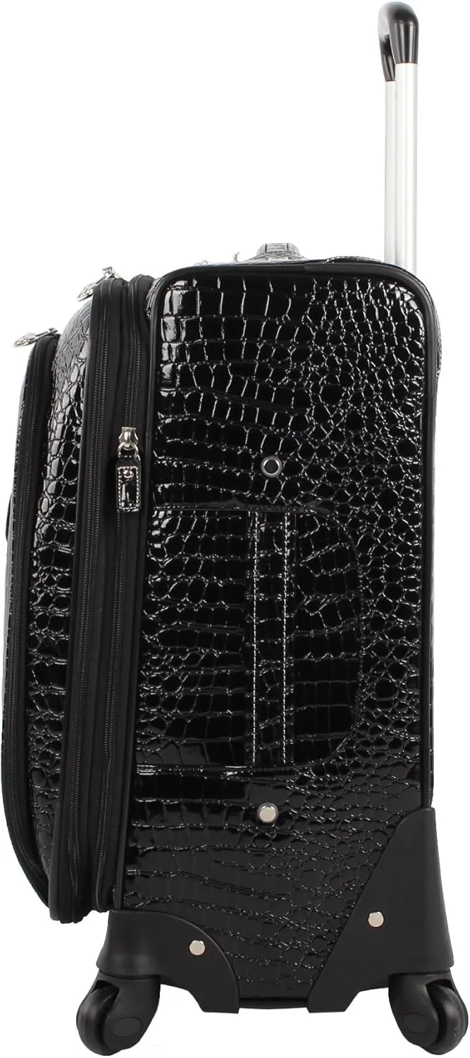 Kathy Van Zeeland Croco PVC Designer Luggage - Lightweight Expandable 20 Inch Carry on Suitcase for Women - Small Durable Bag with 4-Rolling Spinner Wheels (Black)