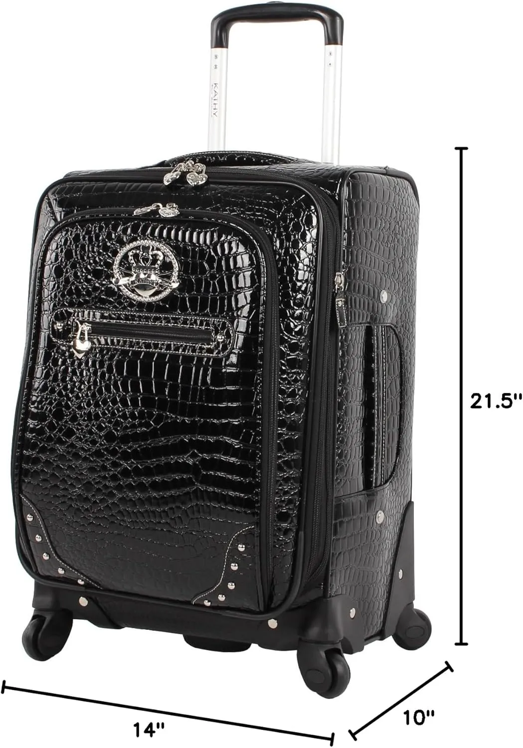 Kathy Van Zeeland Croco PVC Designer Luggage - Lightweight Expandable 20 Inch Carry on Suitcase for Women - Small Durable Bag with 4-Rolling Spinner Wheels (Black)