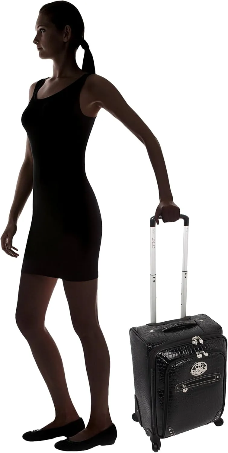 Kathy Van Zeeland Croco PVC Designer Luggage - Lightweight Expandable 20 Inch Carry on Suitcase for Women - Small Durable Bag with 4-Rolling Spinner Wheels (Black)