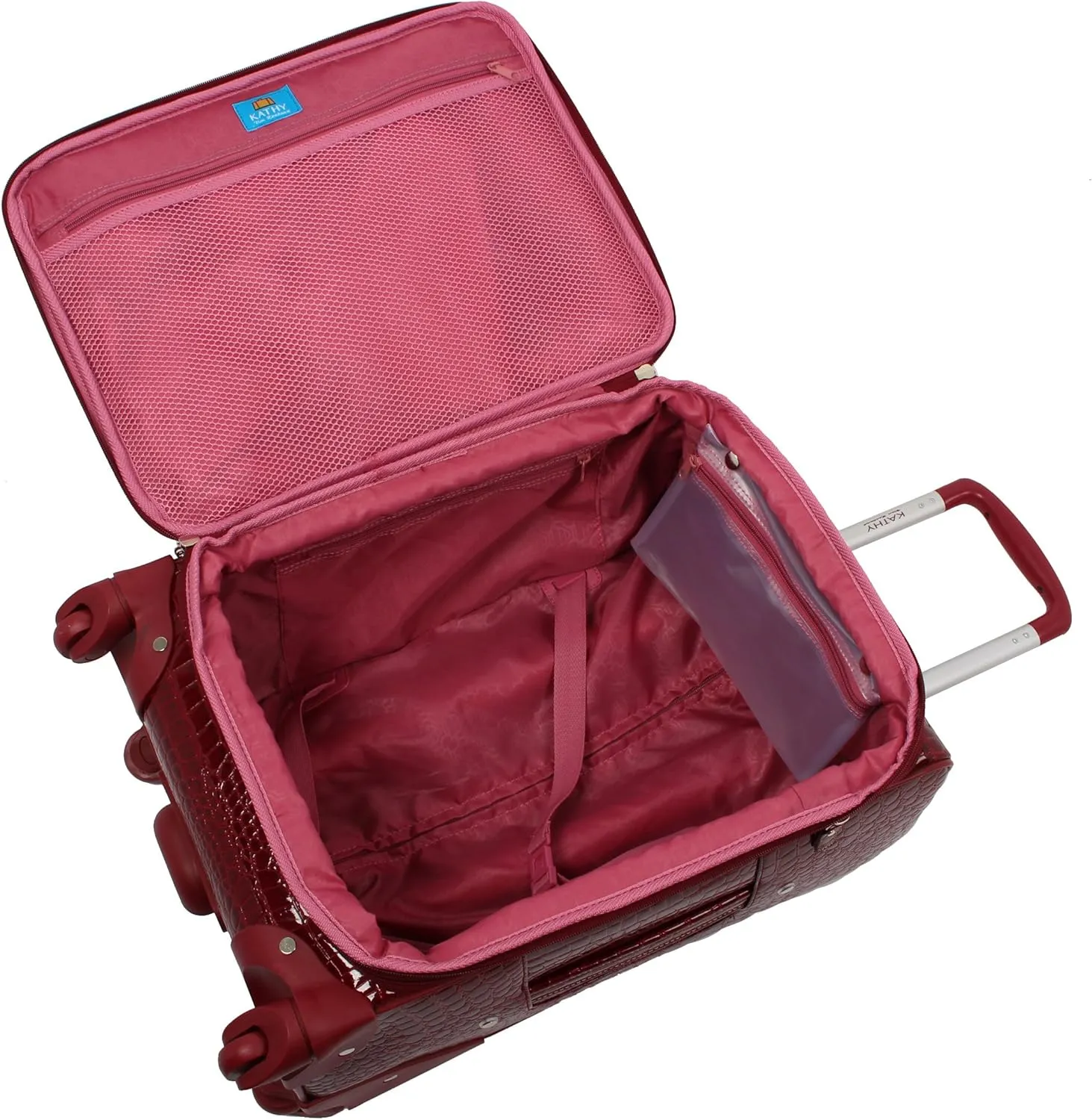 Kathy Van Zeeland Croco PVC Designer Luggage - Lightweight Expandable 20 Inch Carry on Suitcase for Women - Small Durable Bag with 4-Rolling Spinner Wheels (Burgundy)