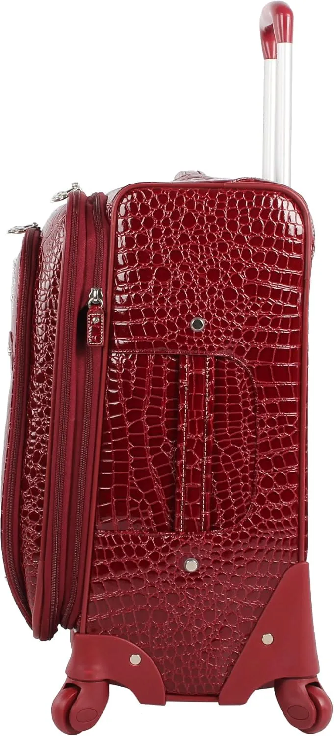 Kathy Van Zeeland Croco PVC Designer Luggage - Lightweight Expandable 20 Inch Carry on Suitcase for Women - Small Durable Bag with 4-Rolling Spinner Wheels (Burgundy)