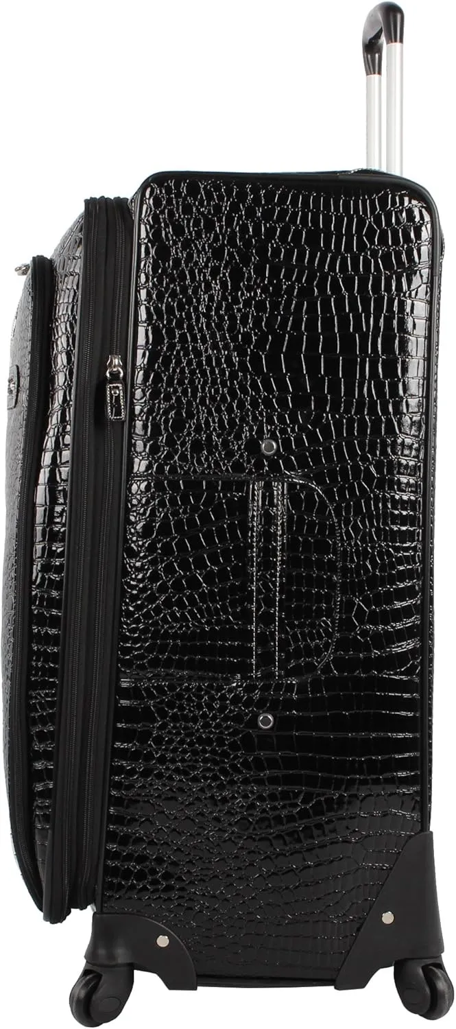 Kathy Van Zeeland Croco PVC Designer Luggage - Lightweight Expandable 28 Inch Suitcase for Women - Large Durable Bag with 4-Rolling Spinner Wheels (Black)