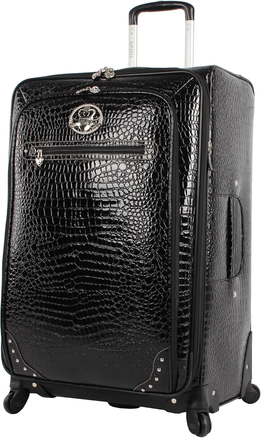Kathy Van Zeeland Croco PVC Designer Luggage - Lightweight Expandable 28 Inch Suitcase for Women - Large Durable Bag with 4-Rolling Spinner Wheels (Black)