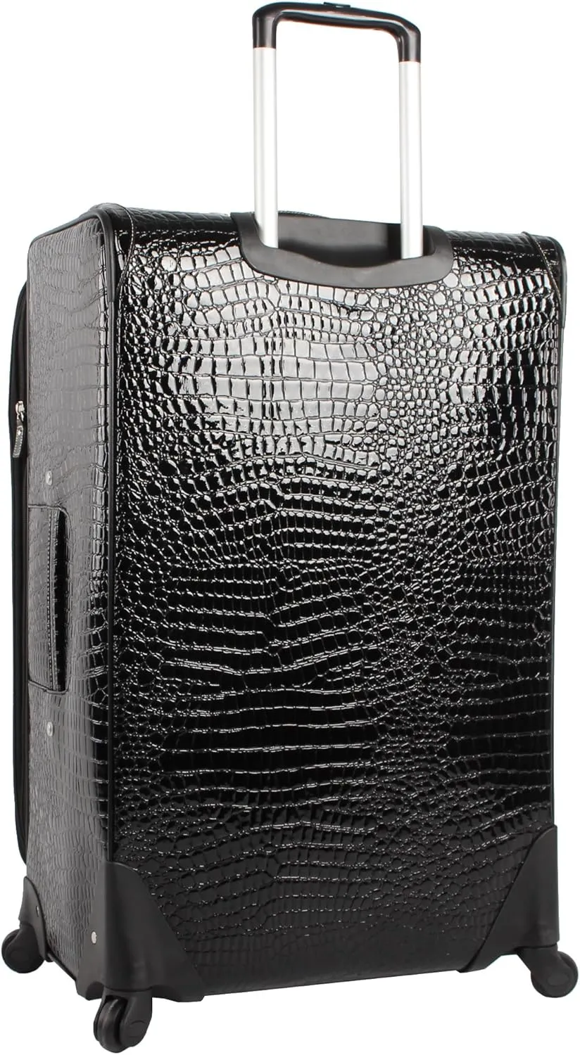 Kathy Van Zeeland Croco PVC Designer Luggage - Lightweight Expandable 28 Inch Suitcase for Women - Large Durable Bag with 4-Rolling Spinner Wheels (Black)