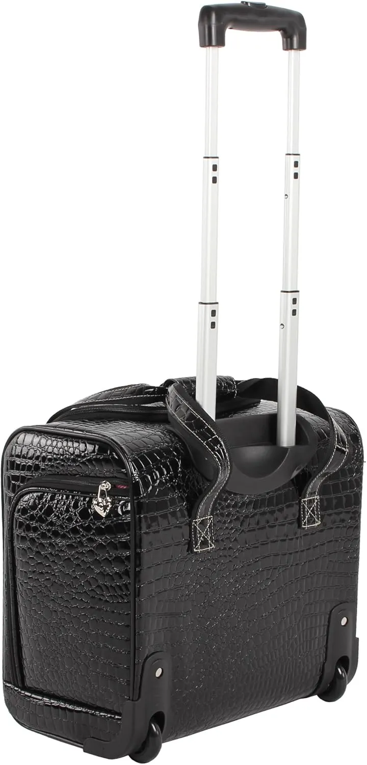 Kathy Van Zeeland Croco PVC Designer Underseat Luggage - 15 Inch Carry On Suitcase for Women- Lightweight Under Seat Bag with 2-Rolling Spinner Wheels (Black)