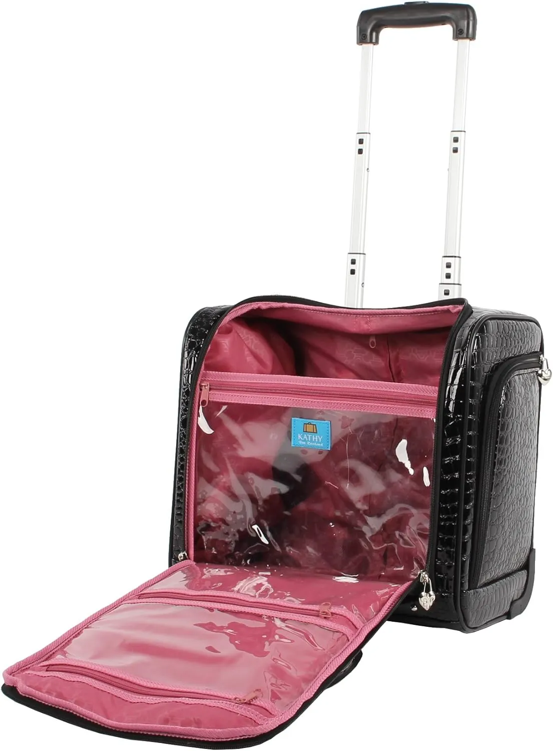 Kathy Van Zeeland Croco PVC Designer Underseat Luggage - 15 Inch Carry On Suitcase for Women- Lightweight Under Seat Bag with 2-Rolling Spinner Wheels (Black)