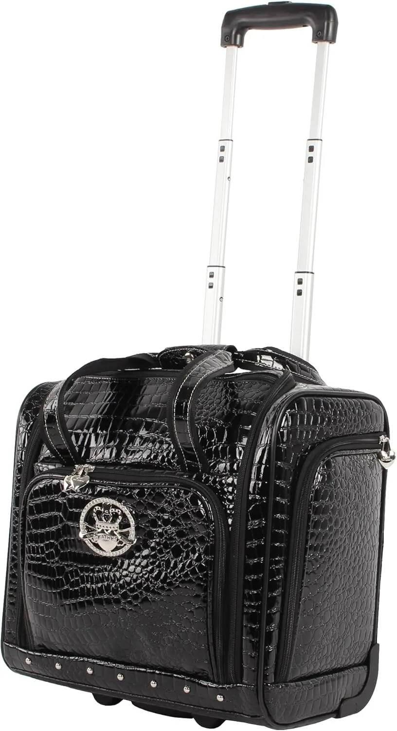 Kathy Van Zeeland Croco PVC Designer Underseat Luggage - 15 Inch Carry On Suitcase for Women- Lightweight Under Seat Bag with 2-Rolling Spinner Wheels (Black)