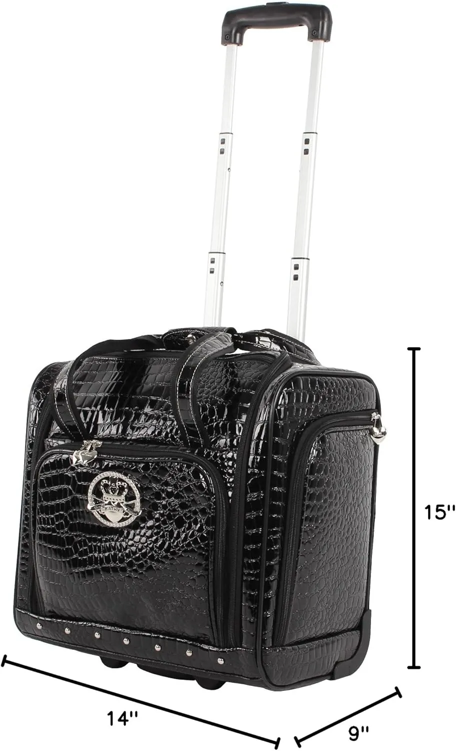 Kathy Van Zeeland Croco PVC Designer Underseat Luggage - 15 Inch Carry On Suitcase for Women- Lightweight Under Seat Bag with 2-Rolling Spinner Wheels (Black)