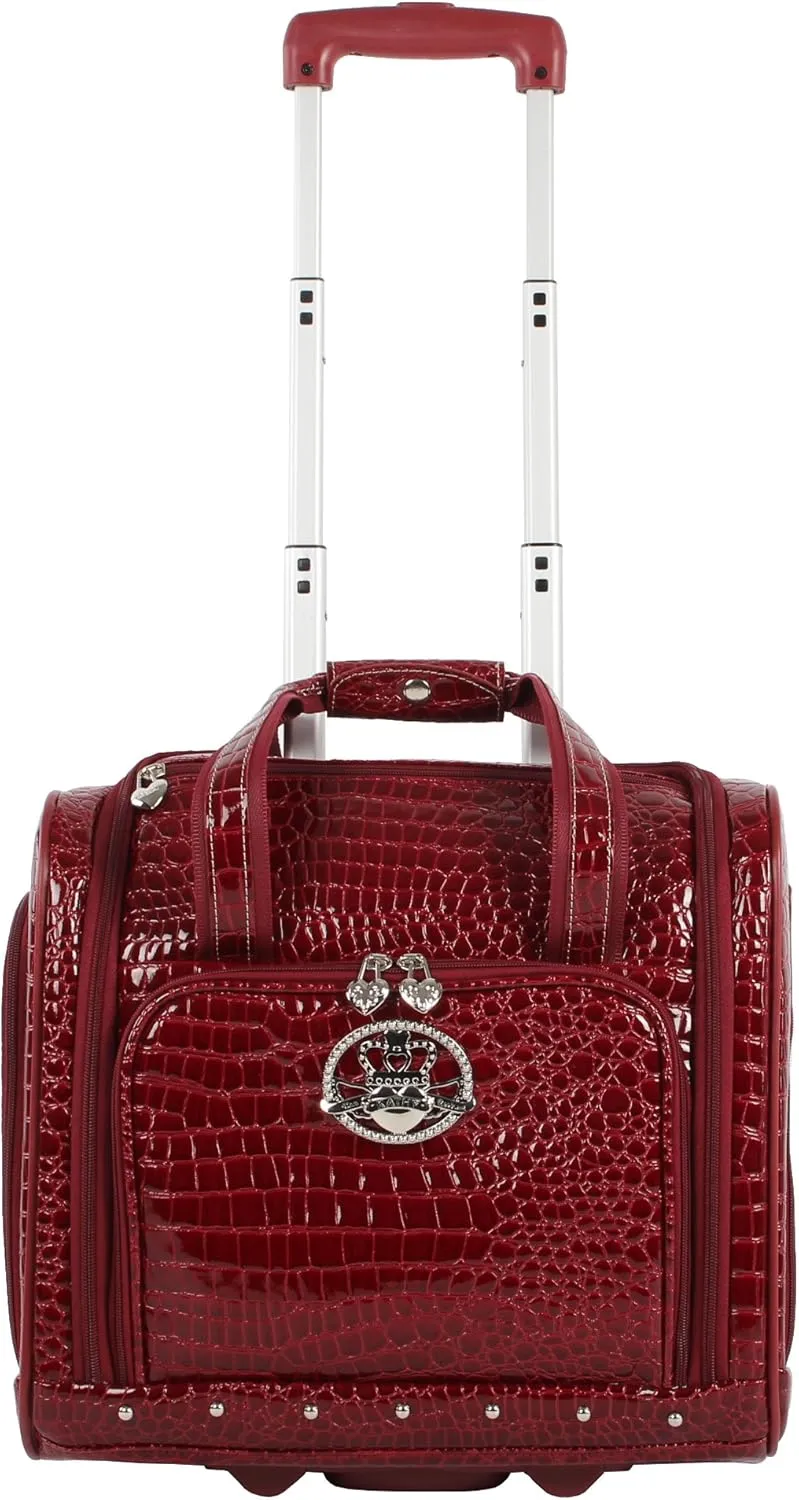 Kathy Van Zeeland Croco PVC Designer Underseat Luggage - 15 Inch Carry On Suitcase for Women- Lightweight Under Seat Bag with 2-Rolling Spinner Wheels (Burgundy)