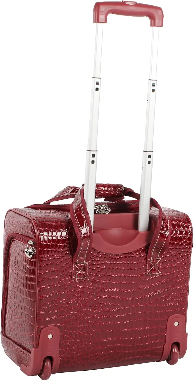 Kathy Van Zeeland Croco PVC Designer Underseat Luggage - 15 Inch Carry On Suitcase for Women- Lightweight Under Seat Bag with 2-Rolling Spinner Wheels (Burgundy)