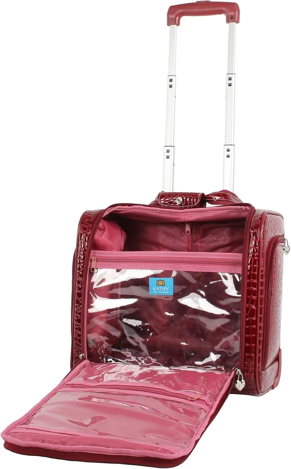 Kathy Van Zeeland Croco PVC Designer Underseat Luggage - 15 Inch Carry On Suitcase for Women- Lightweight Under Seat Bag with 2-Rolling Spinner Wheels (Burgundy)