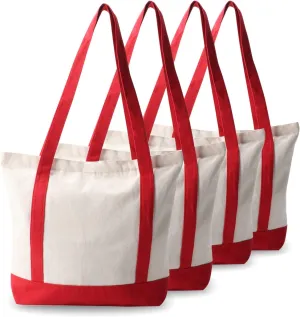 kaxilu Red Zippered Canvas Tote Bag 16.5"x 14"x5" Heavy Duty Plain Tote Bags 4PCS Reusable Canvas Tote Bags Bulk Cloth Grocery Bags