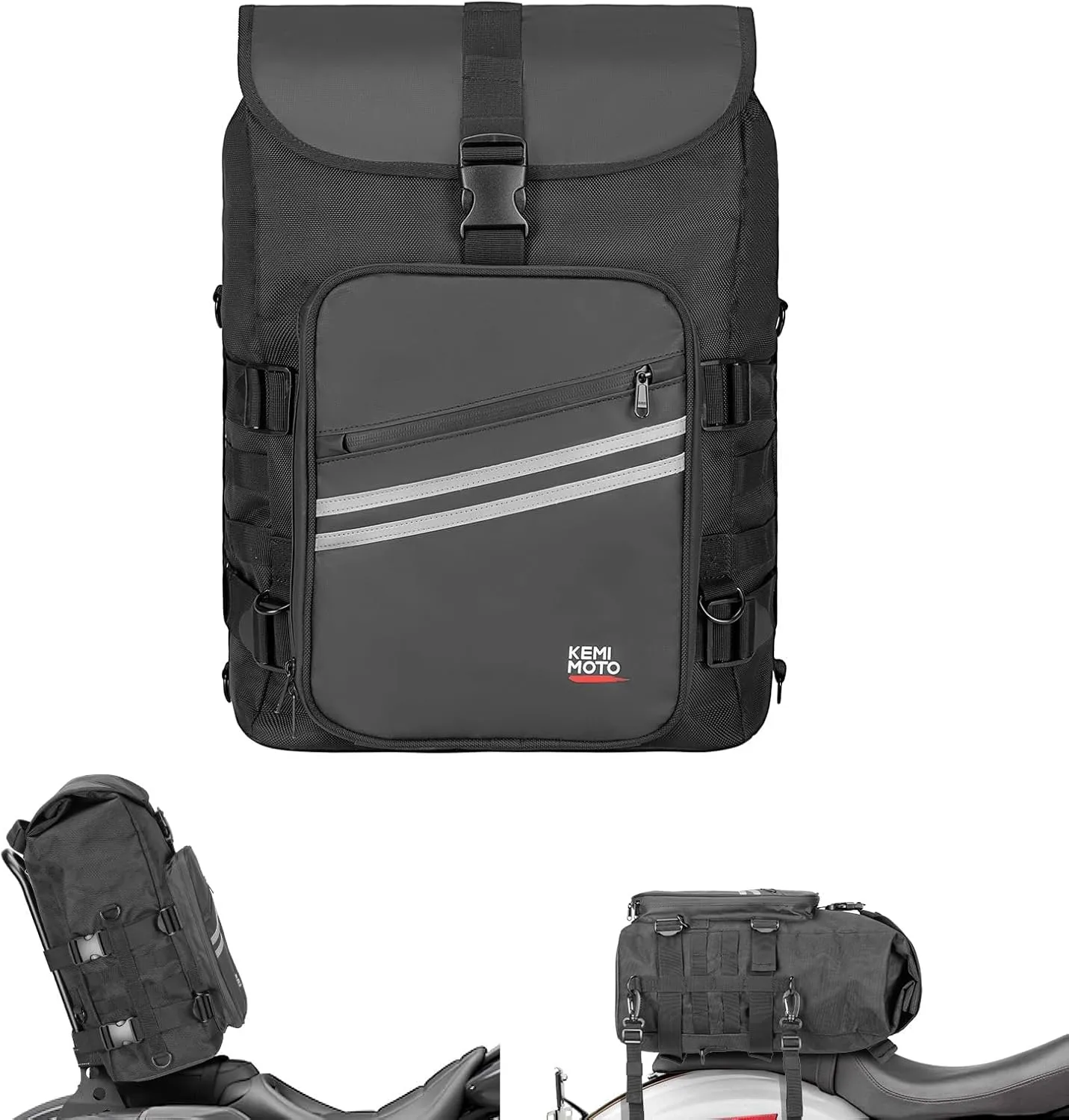 KEMIMOTO Motorcycle Sissy Bar Bag 30L Motorcycle Tail Travel Luggage Bag with Waterproof Rain Cover for Trip Camping Outdoor Motorbike with 4 Straps 1 Shoulder Strap