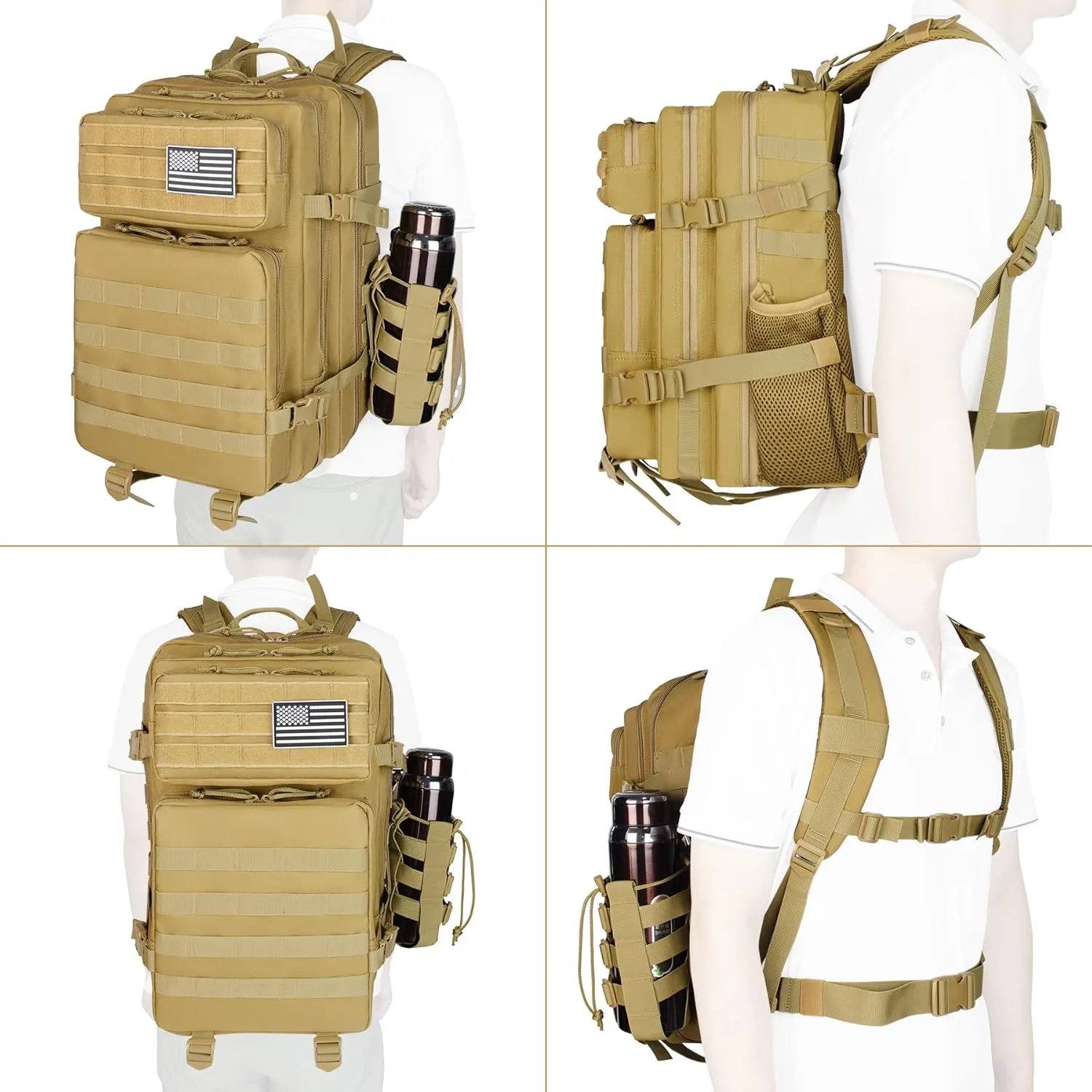 Khaki 45L Large Military Tactical Backpack for Men，Travel Hiking Backpack with Bottle Holder, Laptop Backpack for Work, Men's Assault Bag Back Pack for Outdoor Camping Hiking Fishing