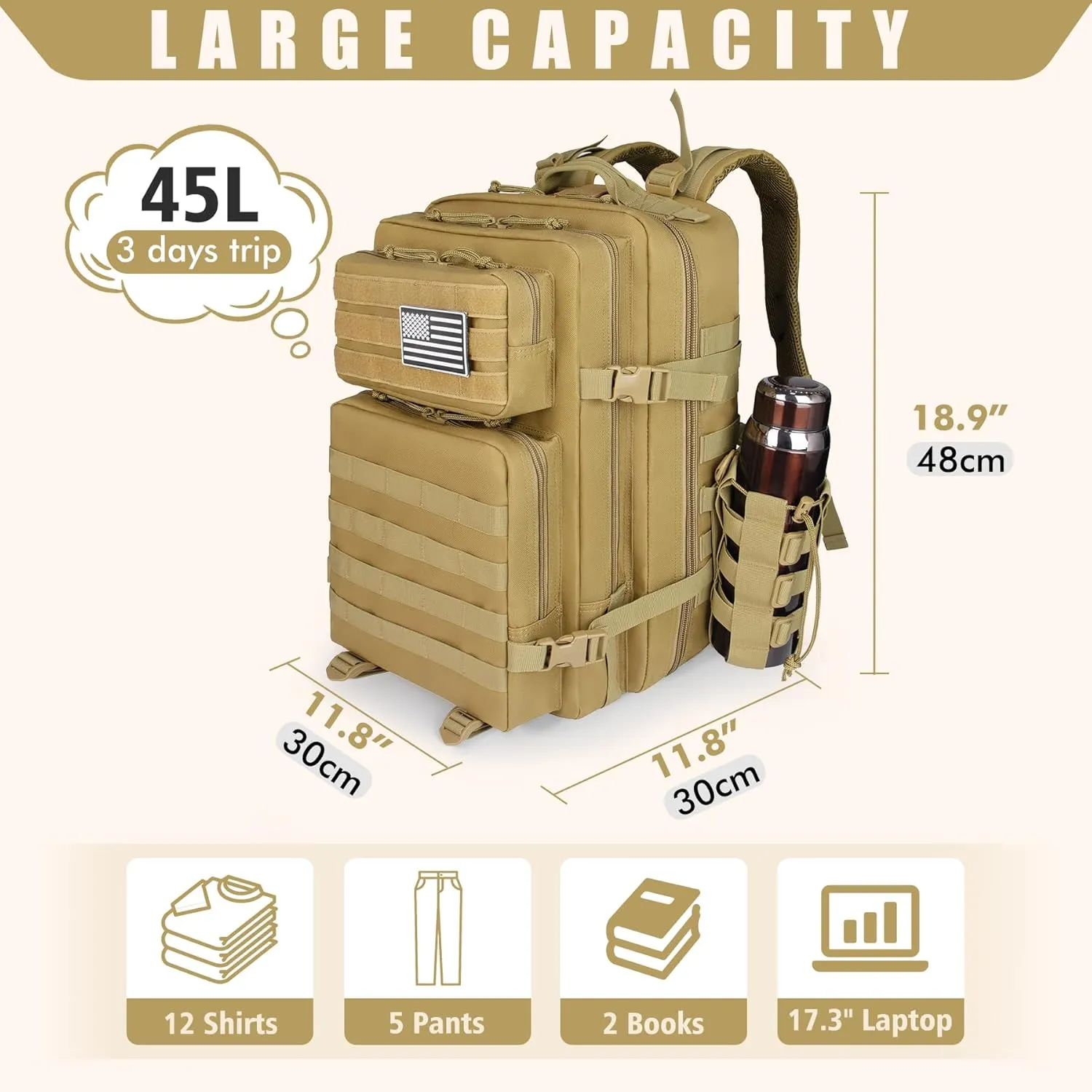 Khaki 45L Large Military Tactical Backpack for Men，Travel Hiking Backpack with Bottle Holder, Laptop Backpack for Work, Men's Assault Bag Back Pack for Outdoor Camping Hiking Fishing