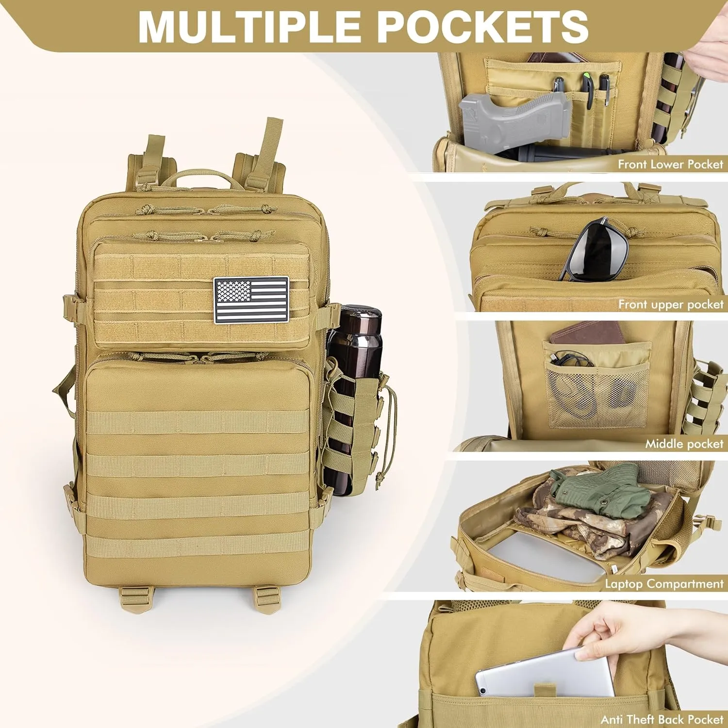 Khaki 45L Large Military Tactical Backpack for Men，Travel Hiking Backpack with Bottle Holder, Laptop Backpack for Work, Men's Assault Bag Back Pack for Outdoor Camping Hiking Fishing