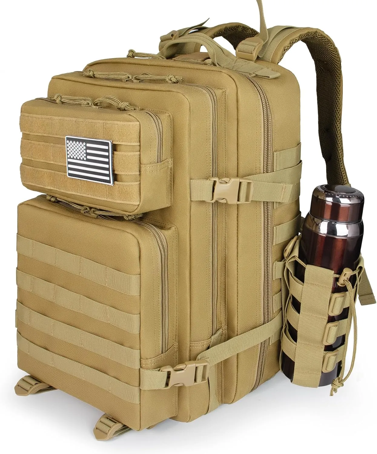 Khaki 45L Large Military Tactical Backpack for Men，Travel Hiking Backpack with Bottle Holder, Laptop Backpack for Work, Men's Assault Bag Back Pack for Outdoor Camping Hiking Fishing