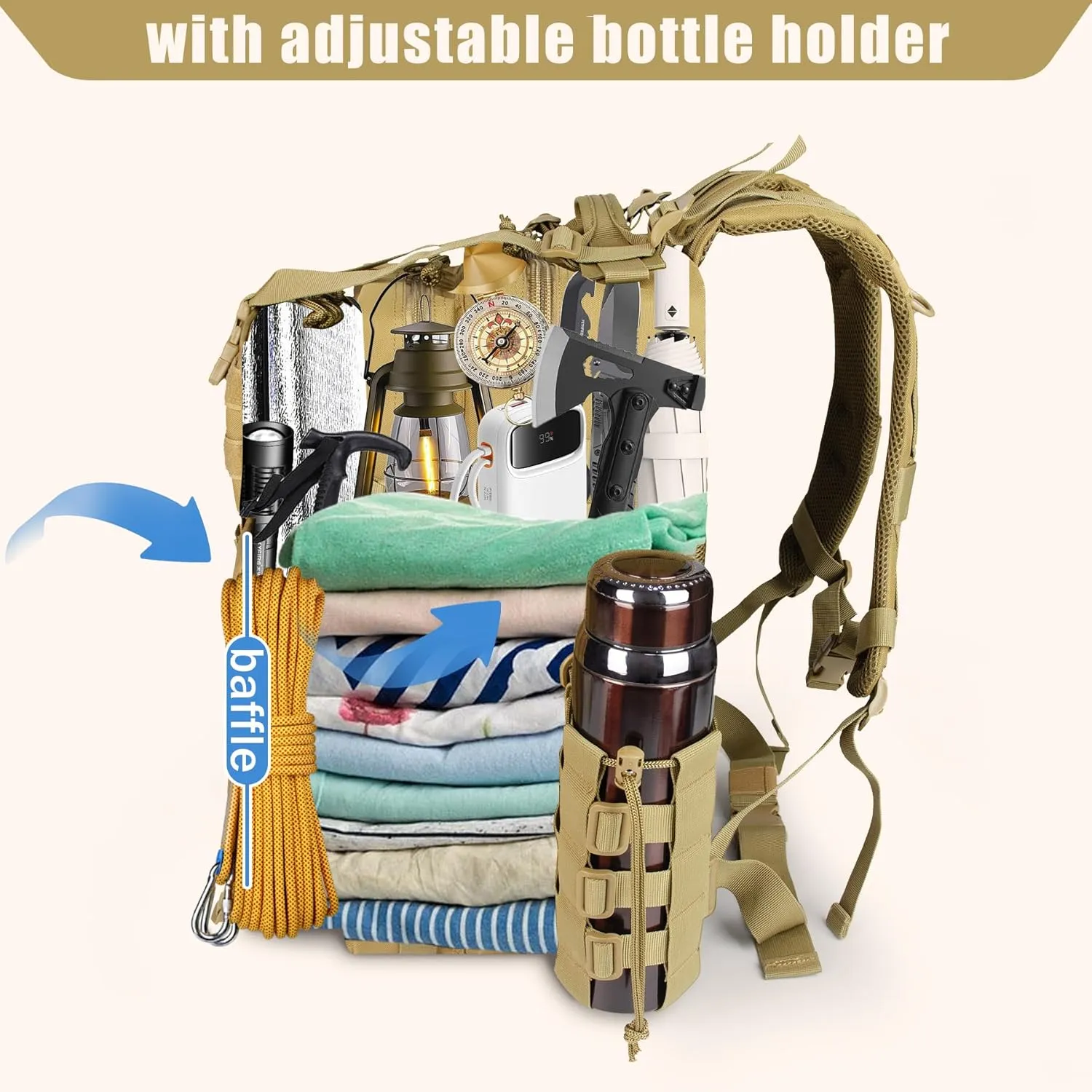Khaki 45L Large Military Tactical Backpack for Men，Travel Hiking Backpack with Bottle Holder, Laptop Backpack for Work, Men's Assault Bag Back Pack for Outdoor Camping Hiking Fishing